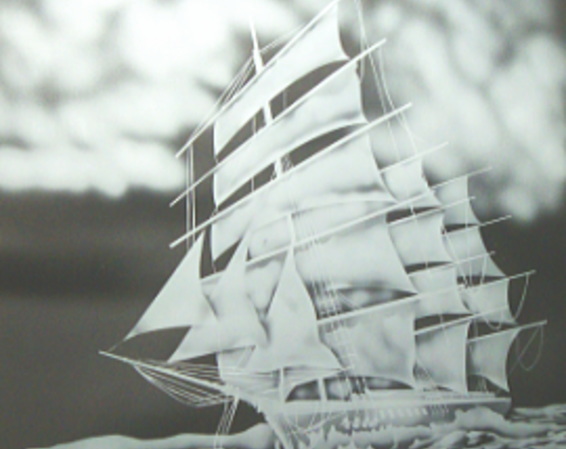 帆船ガラス板彫刻